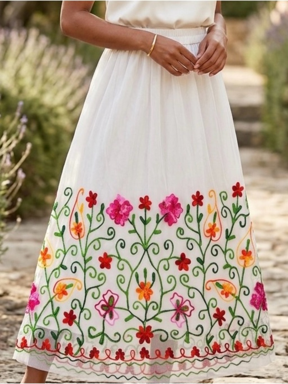 Magic Crewel Women’s XL embroidered white mesh floral midi skirt boho lined 🌸